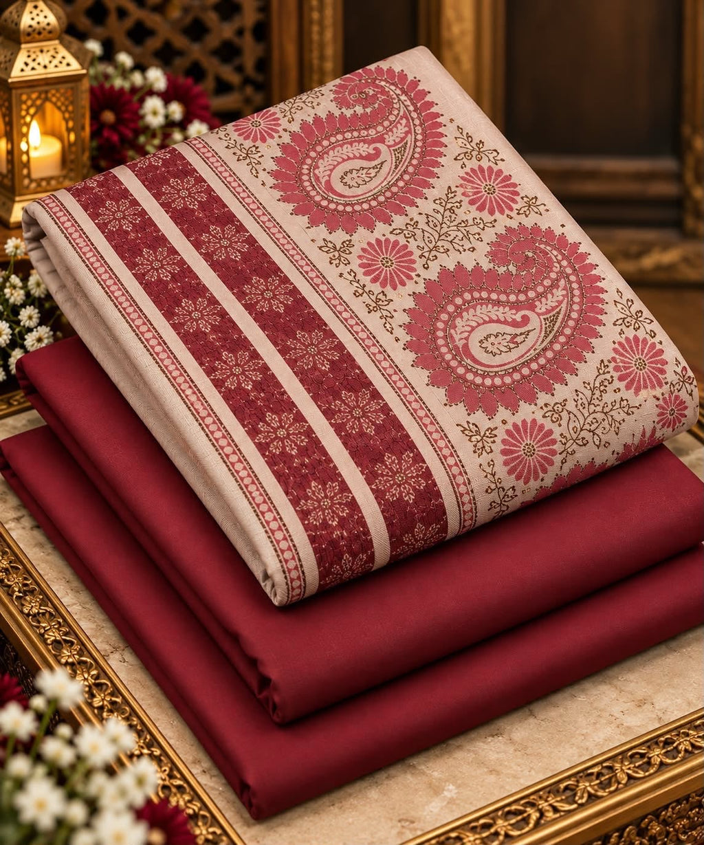 Dhanak Wool 3Pc With Jacquard velvet Patti Shawl- Mehroon