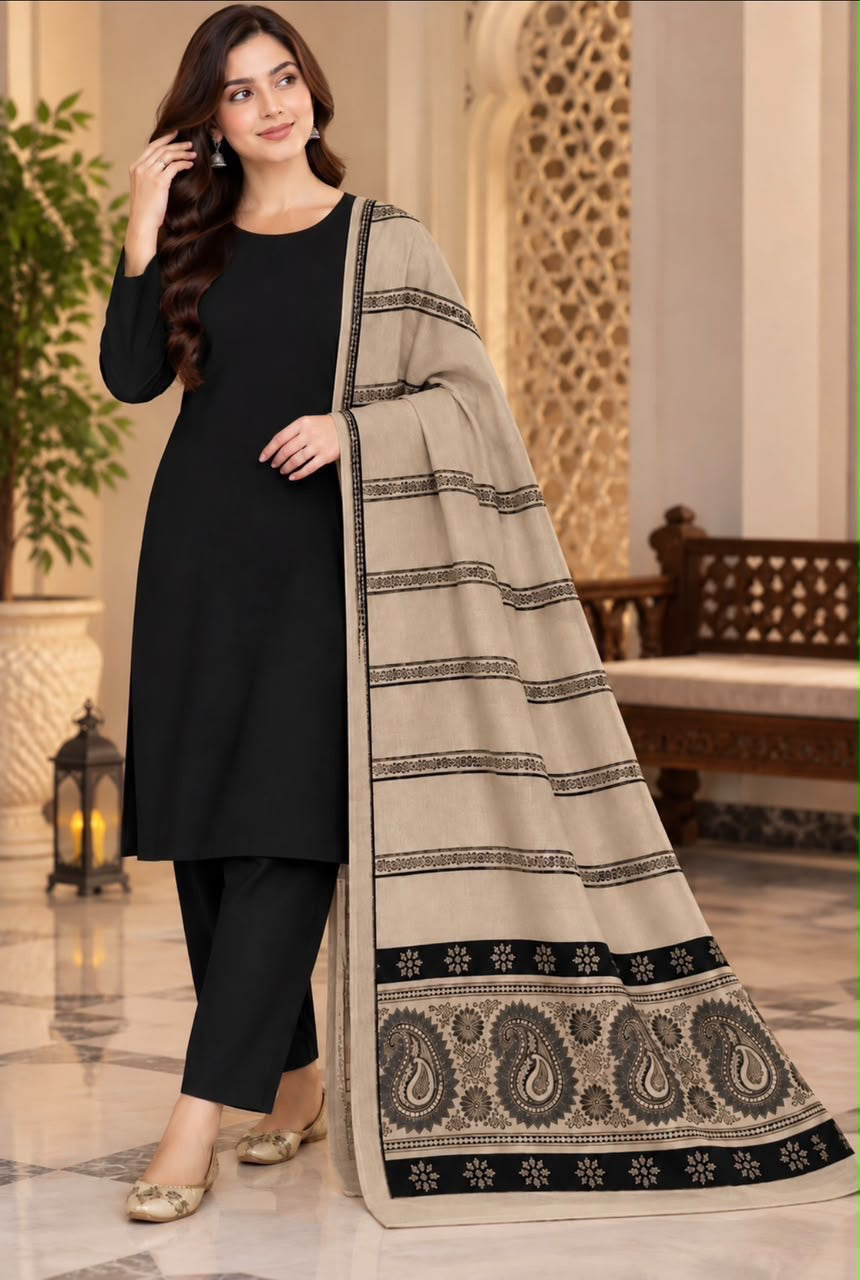 Dhanak Wool 3Pc With Jacquard velvet Patti Shawl- Black