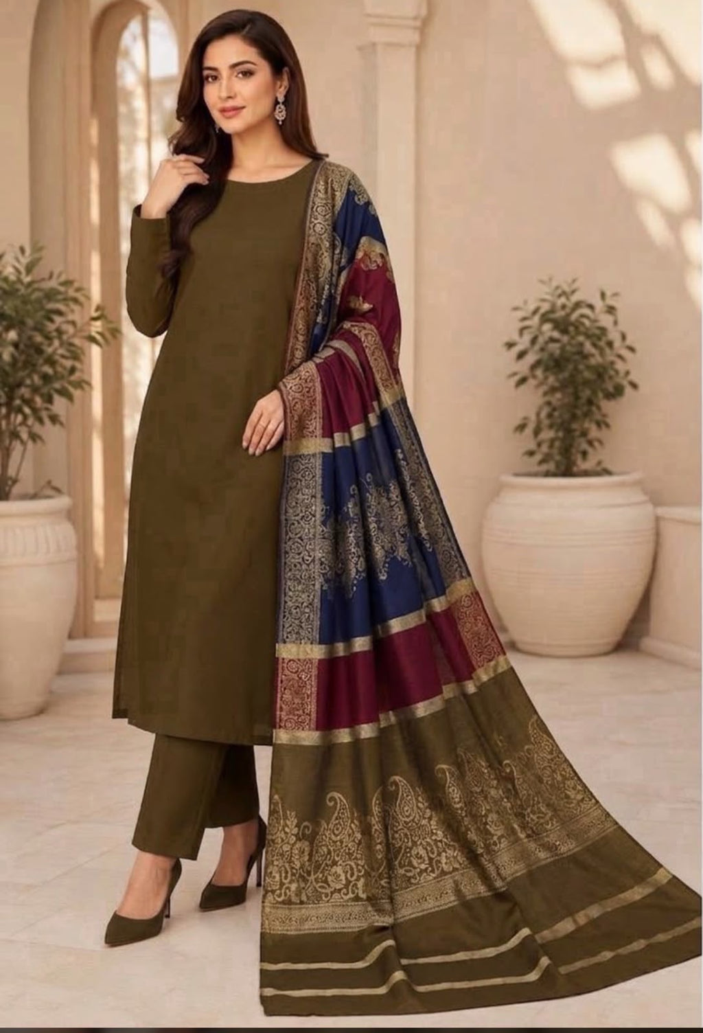 Dhanak Wool 3Pc With Brosha Shawl-Tabbacco