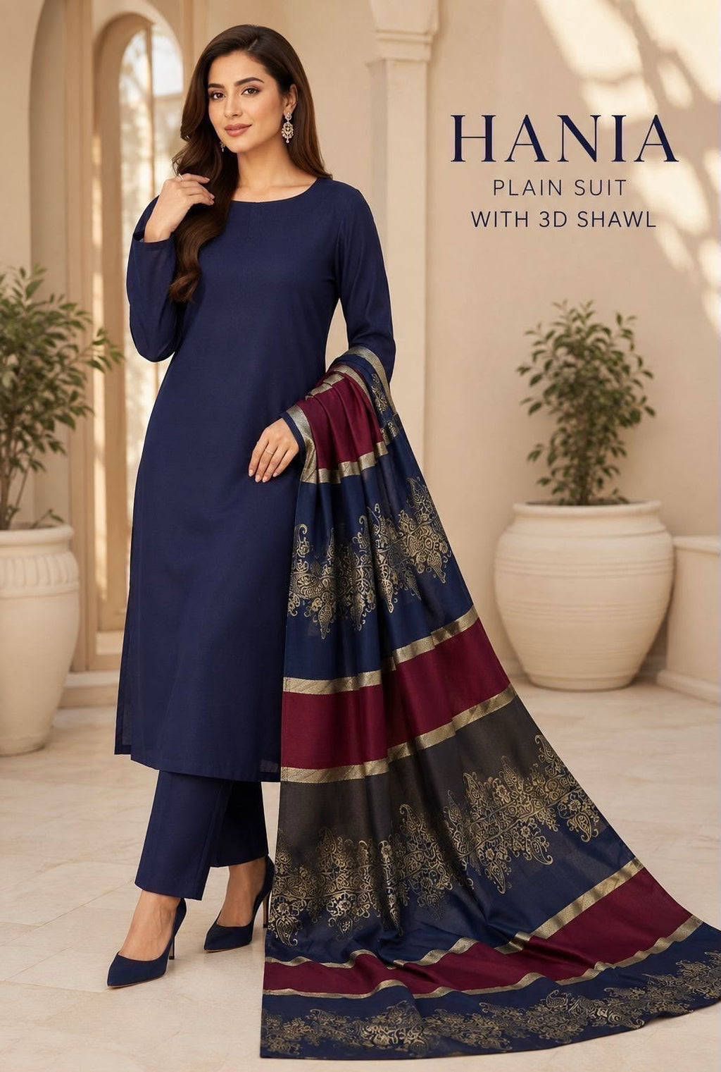 Dhanak Wool 3Pc With Brosha Shawl-Navy