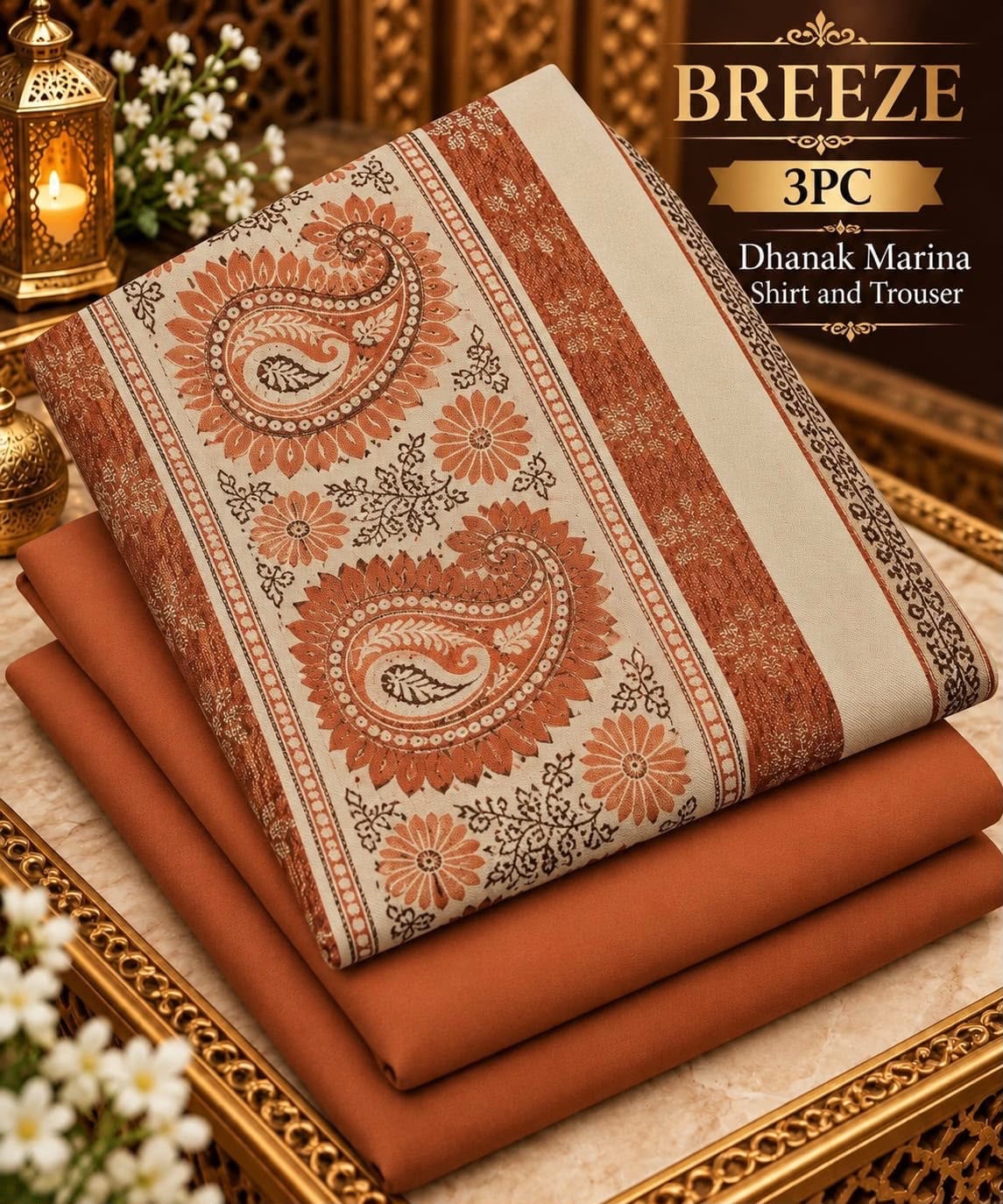 Dhanak Wool 3Pc With Jacquard velvet Patti Shawl-Orange