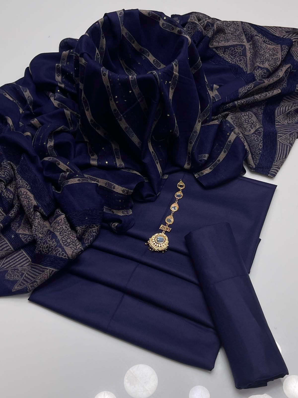 Dhanak Wool 3Pc With Barosha Square Strips Shawl -Navy