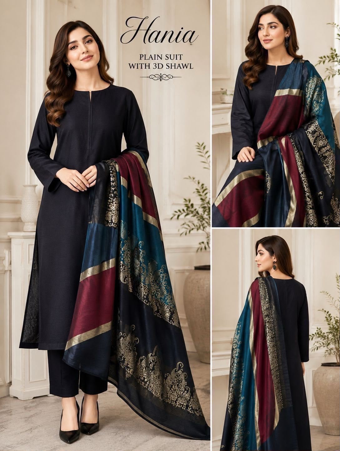 Dhanak Wool 3Pc With Brosha Shawl-Black