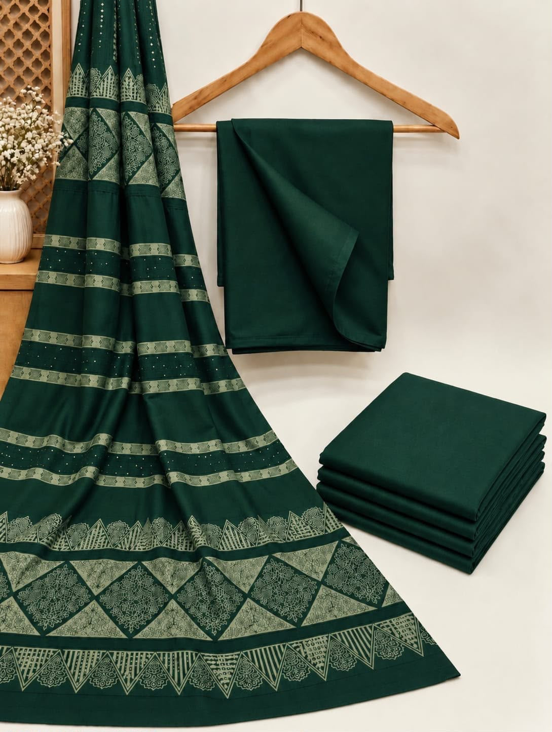 Dhanak Wool 3Pc With Barosha Square Strips Shawl -Green
