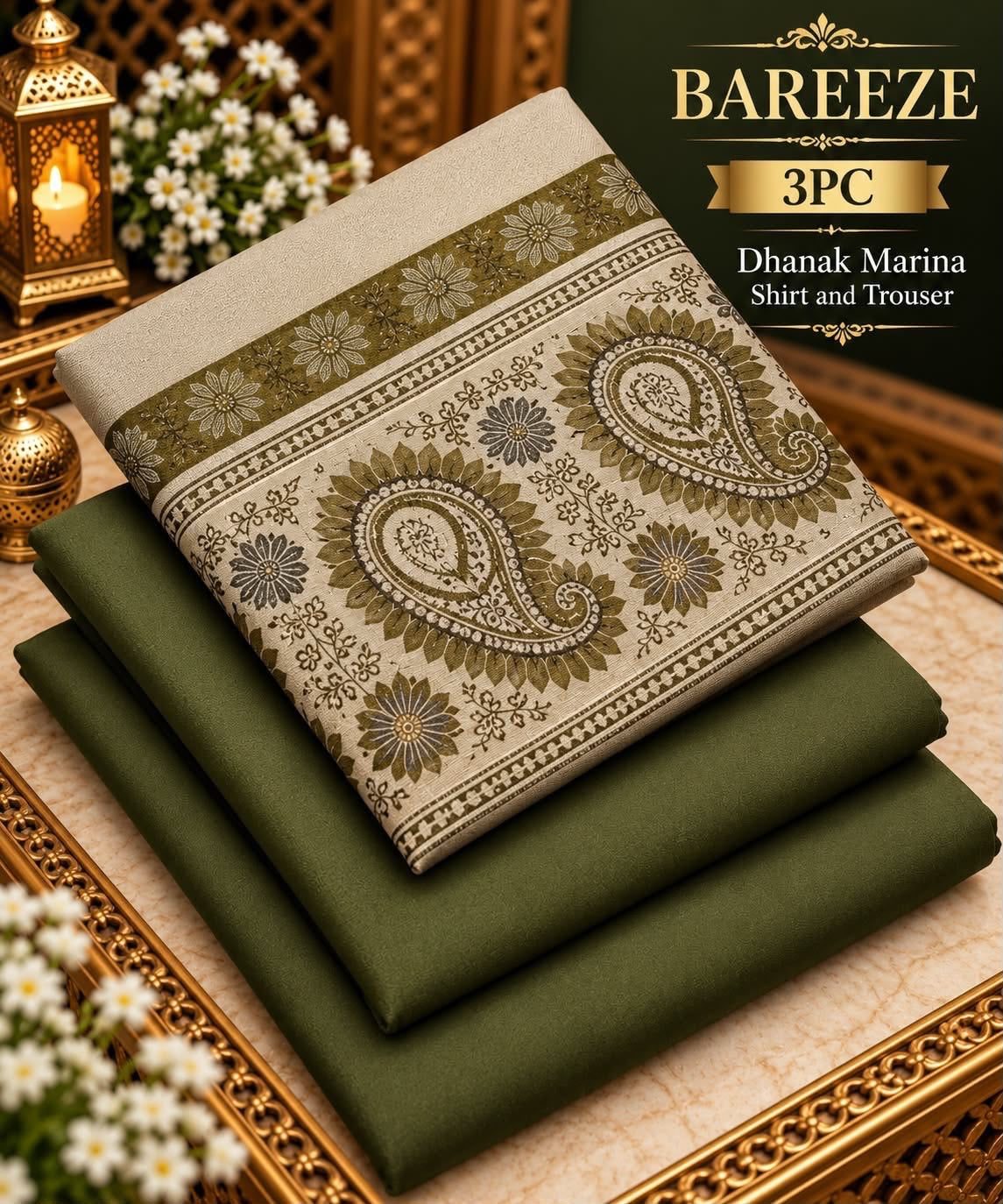 Dhanak Wool 3Pc With Jacquard velvet Patti Shawl- Olive