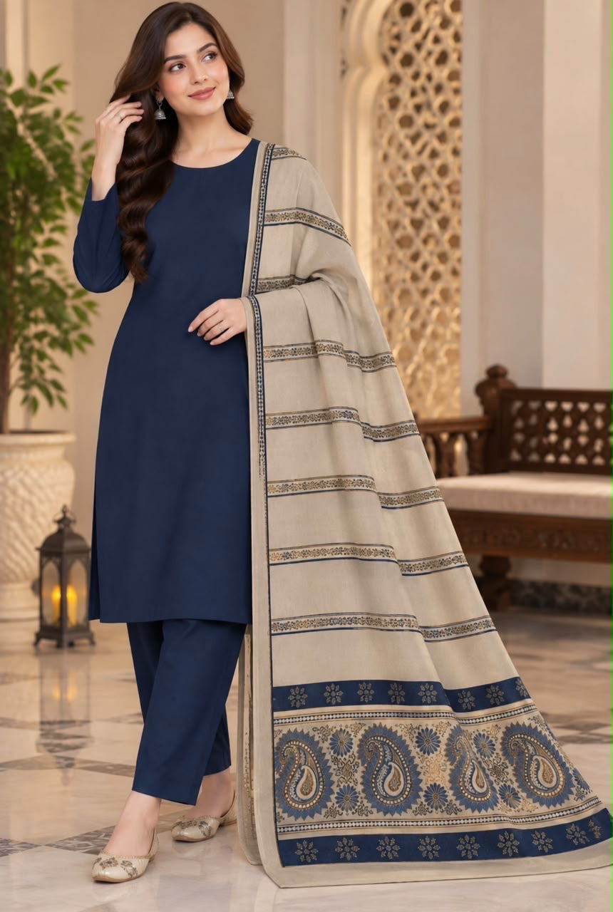 Dhanak Wool 3Pc With Jacquard velvet Patti Shawl- Blue