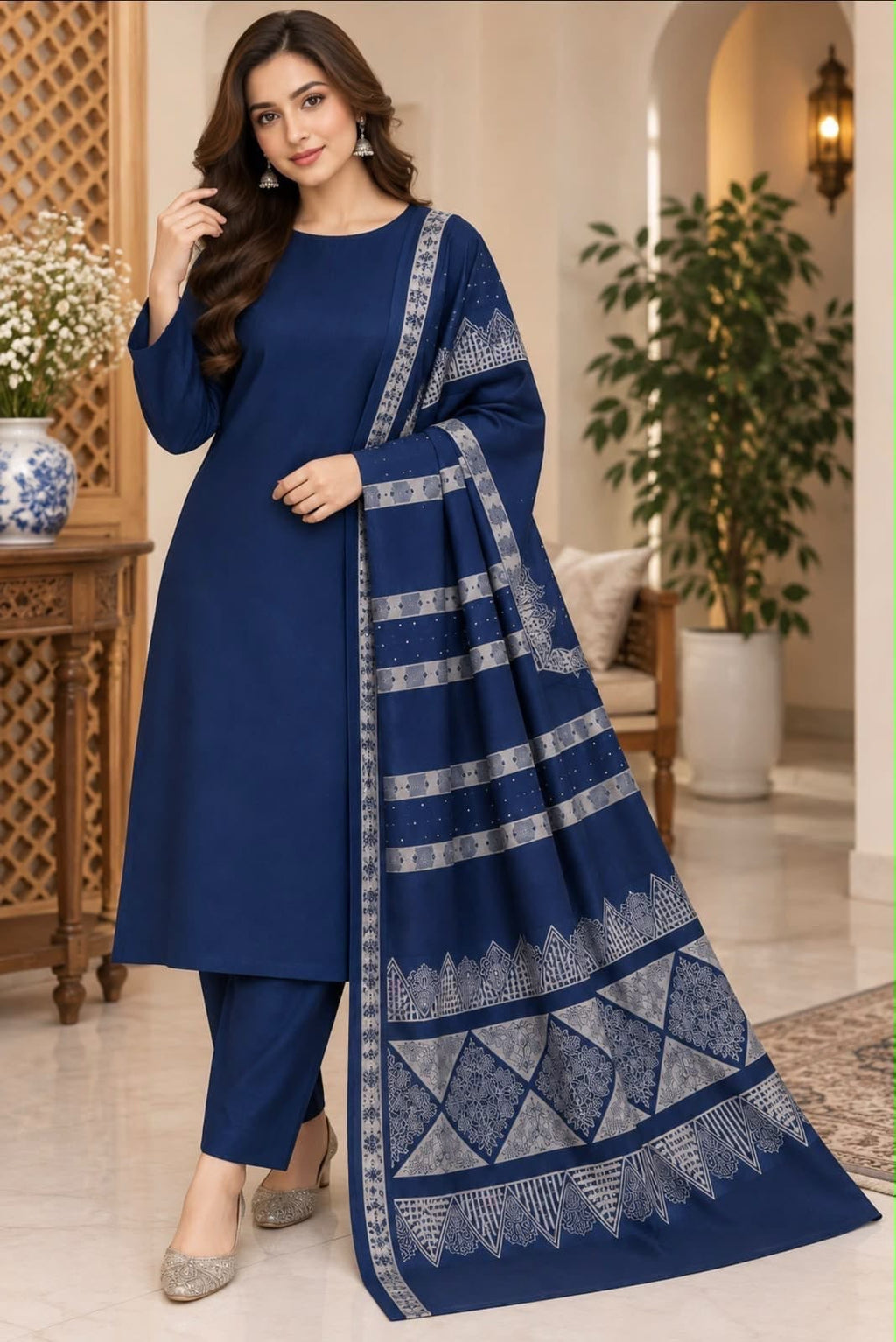 Dhanak Wool 3Pc With Barosha Square Strips Shawl -Navy