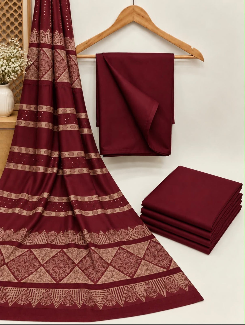 Dhanak Wool 3Pc With Barosha Square Strips Shawl -Mehroon