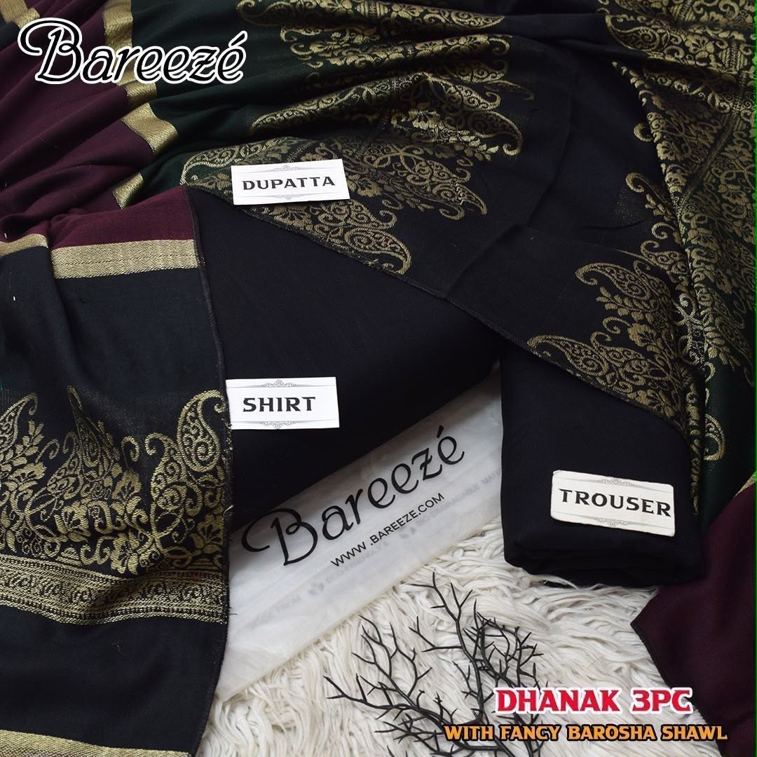 Dhanak Wool 3Pc With Brosha Shawl-Black