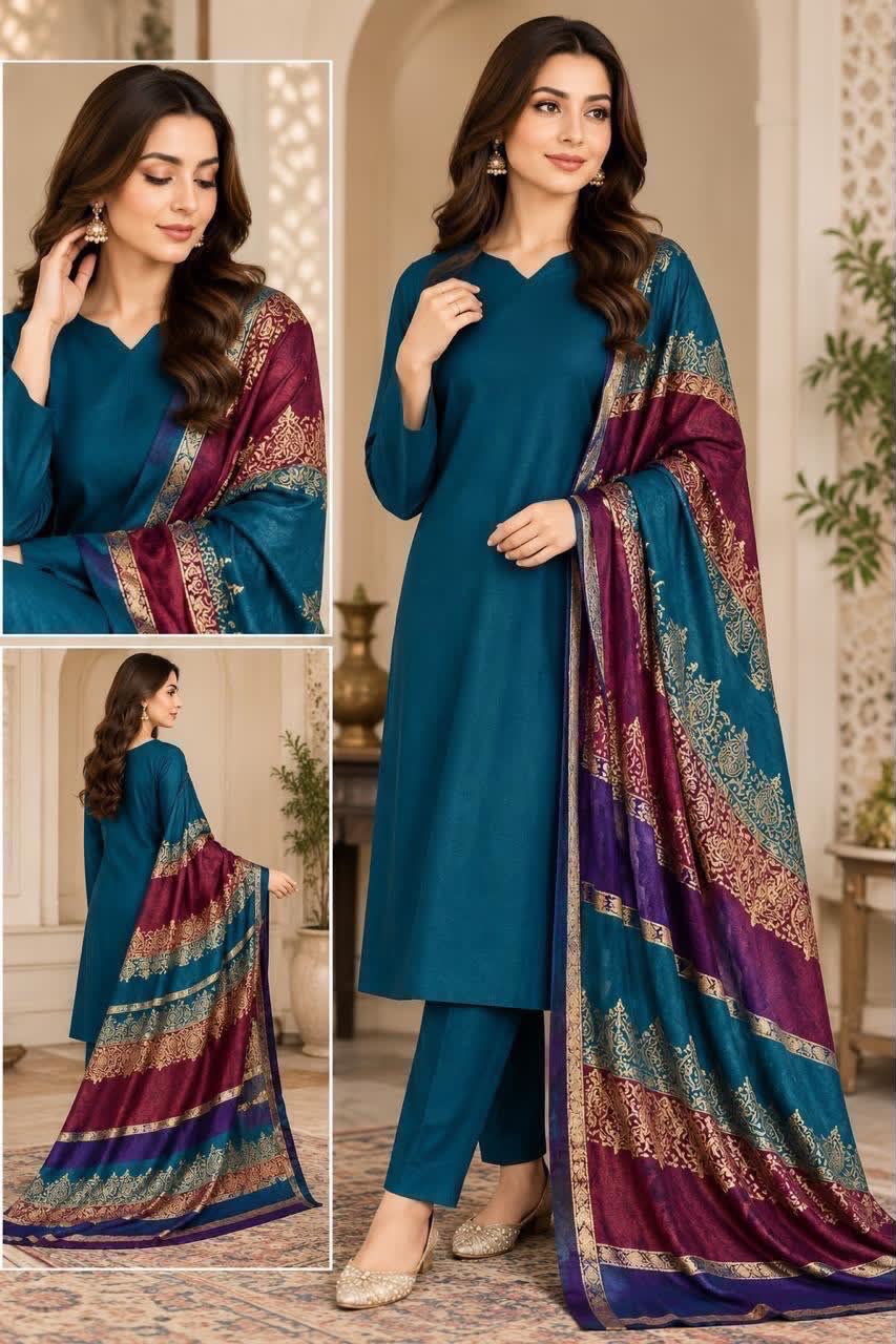 Dhanak Wool 3Pc With Brosha Shawl-Znic