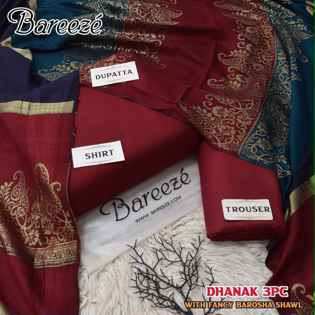 Dhanak Wool 3Pc With Brosha Shawl-Meroon