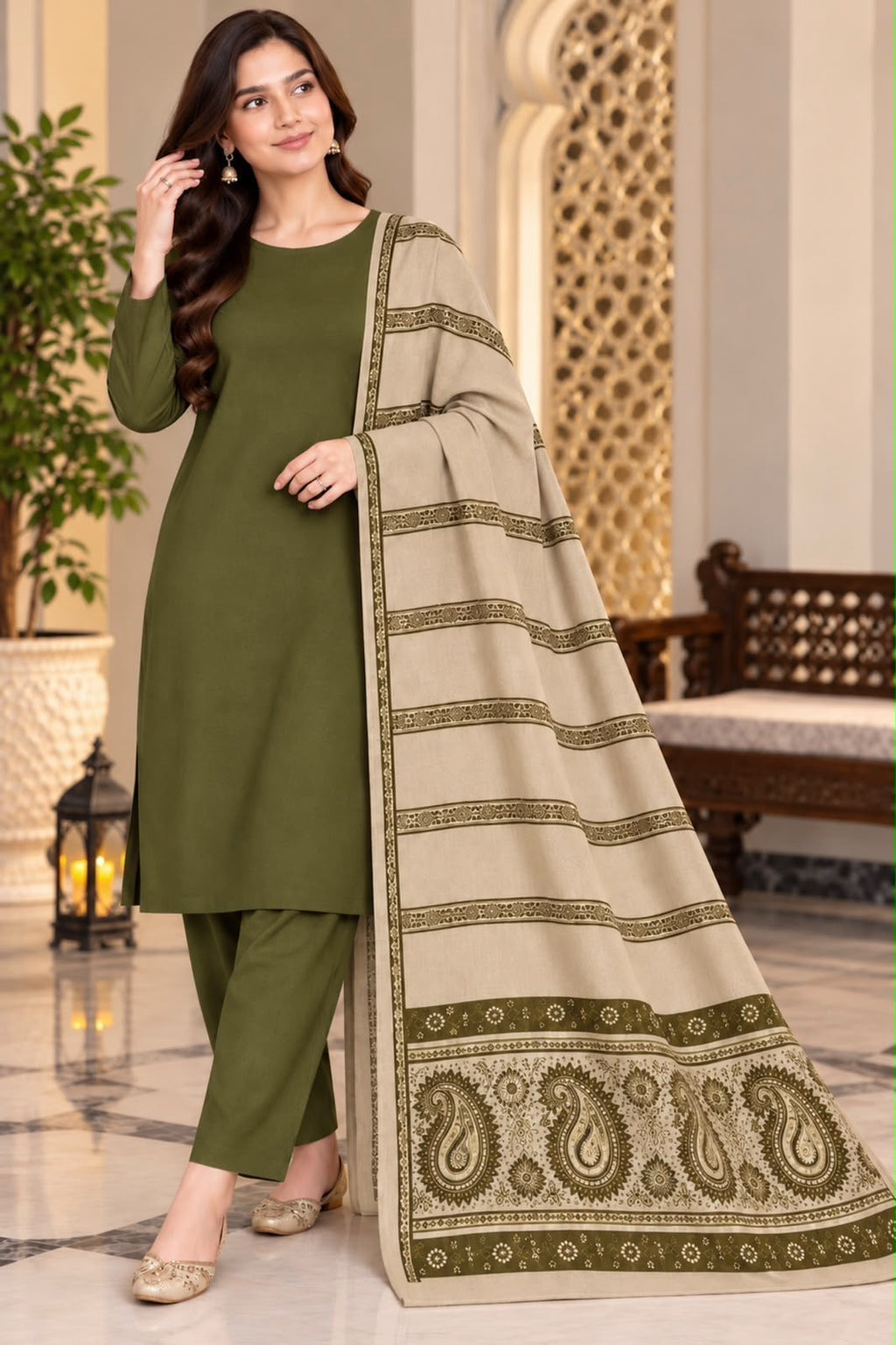 Dhanak Wool 3Pc With Jacquard velvet Patti Shawl- Olive