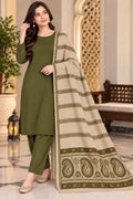 Dhanak Wool 3Pc With Jacquard velvet Patti Shawl- Olive