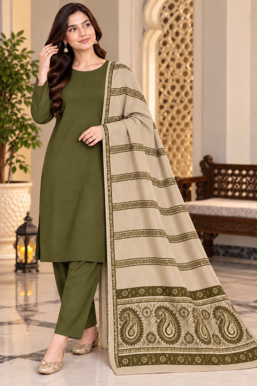 Dhanak Wool 3Pc With Jacquard velvet Patti Shawl- Olive