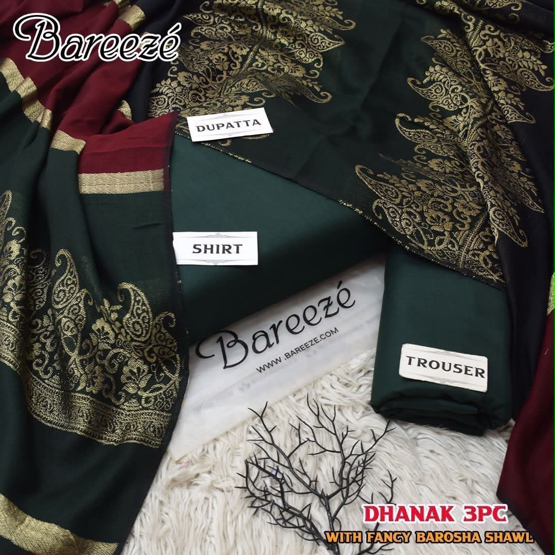 Dhanak Wool 3Pc With Brosha Shawl-Green