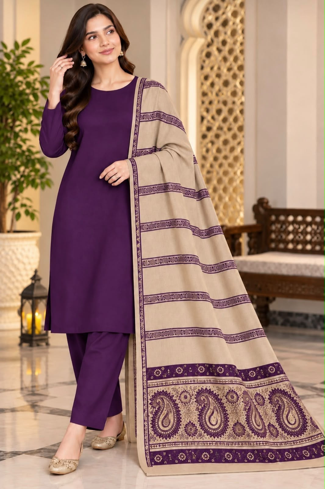 Dhanak Wool 3Pc With Jacquard velvet Patti Shawl- Plum