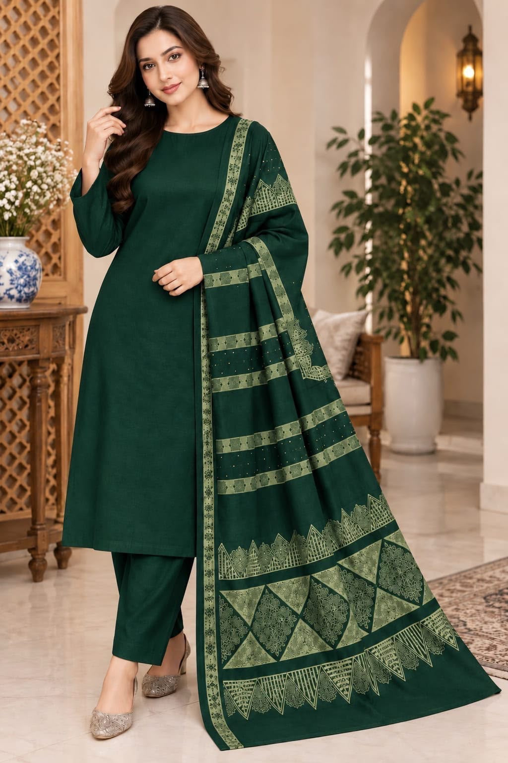 Dhanak Wool 3Pc With Barosha Square Strips Shawl -Green