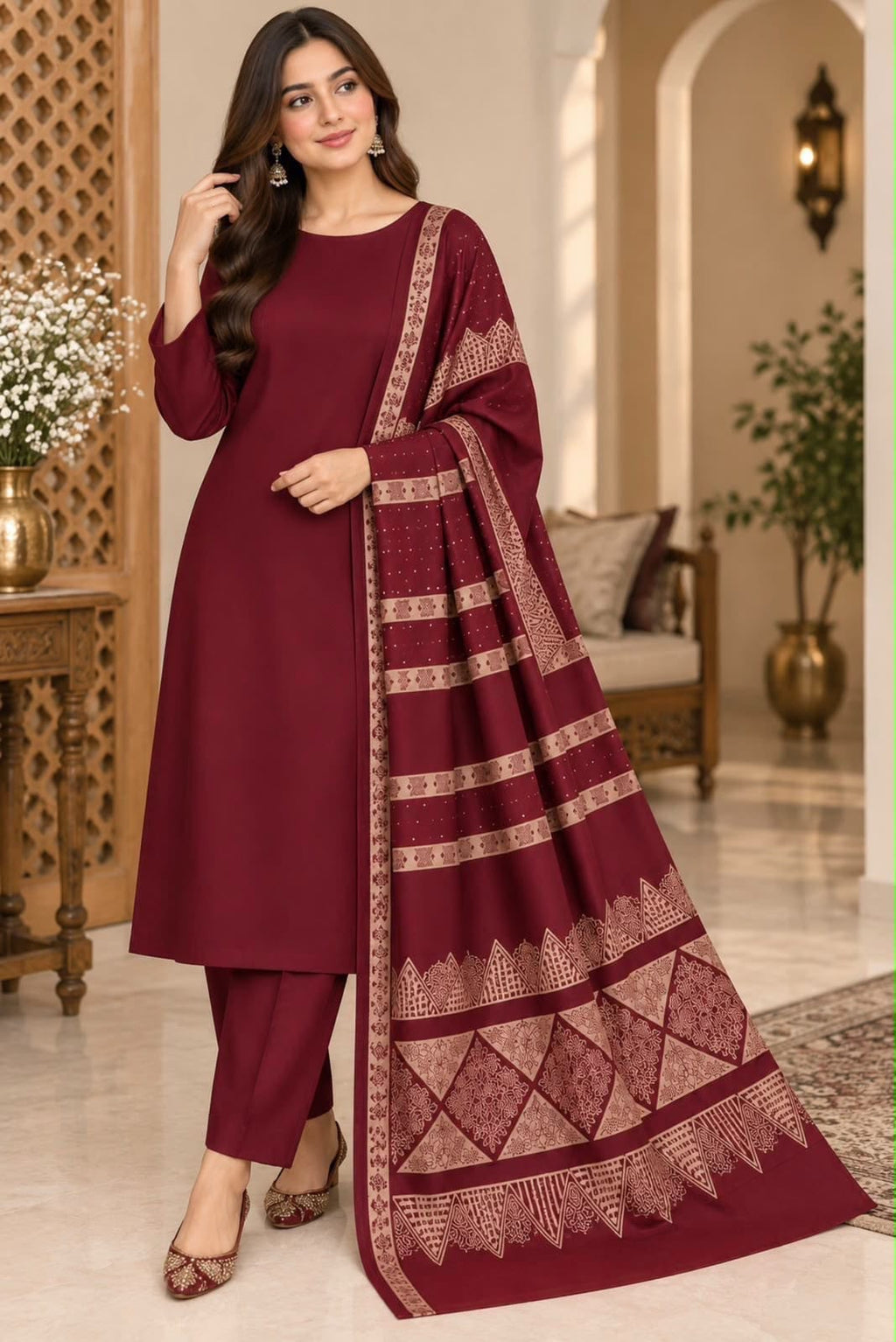 Dhanak Wool 3Pc With Barosha Square Strips Shawl -Mehroon