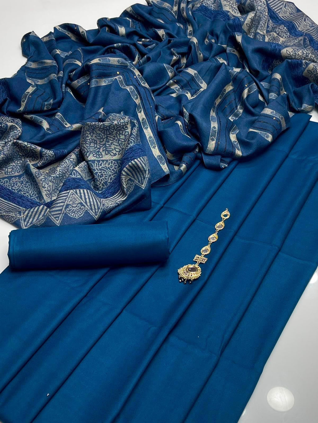 Dhanak Wool 3Pc With Barosha Square Strips Shawl -Znic