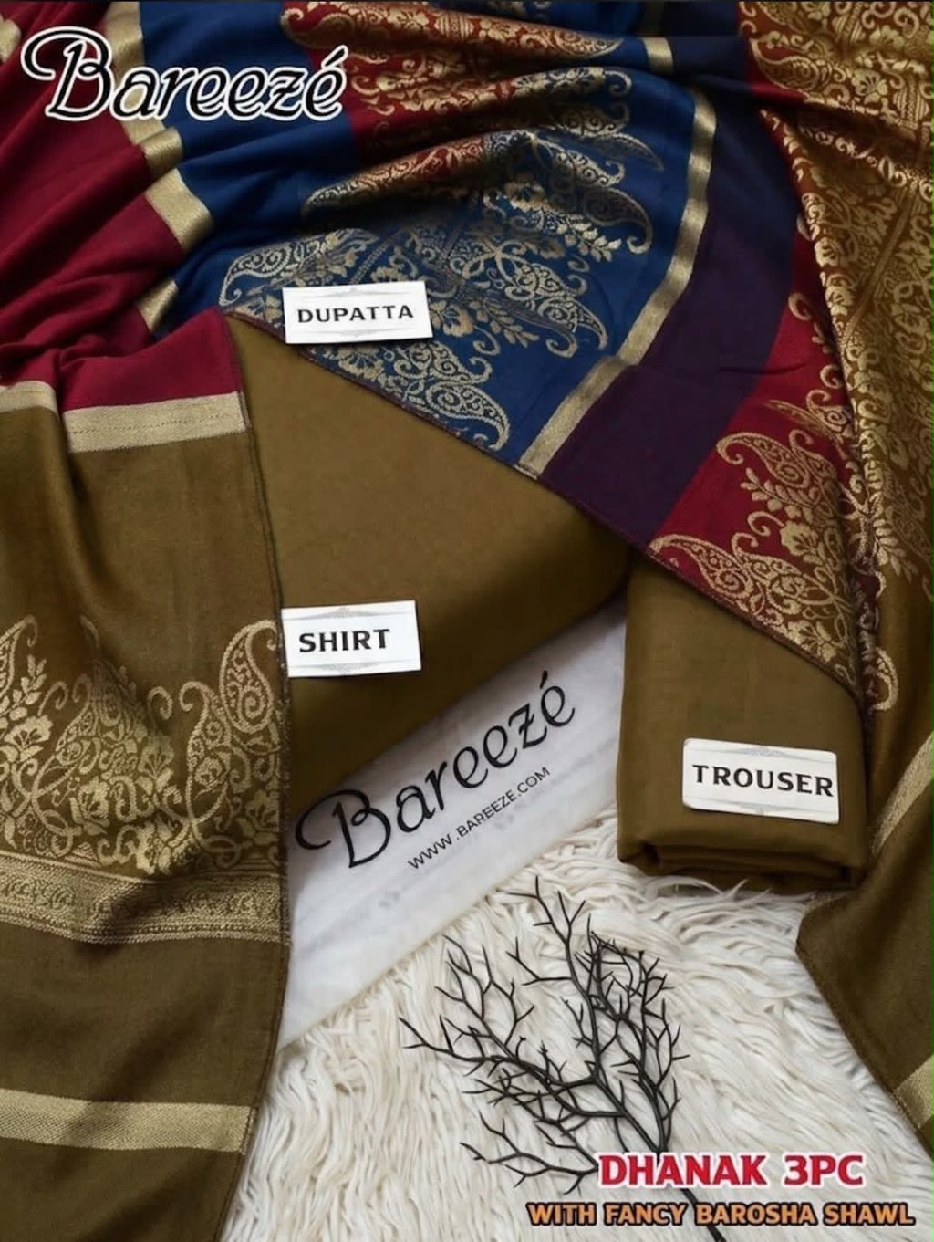Dhanak Wool 3Pc With Brosha Shawl-Tabbacco