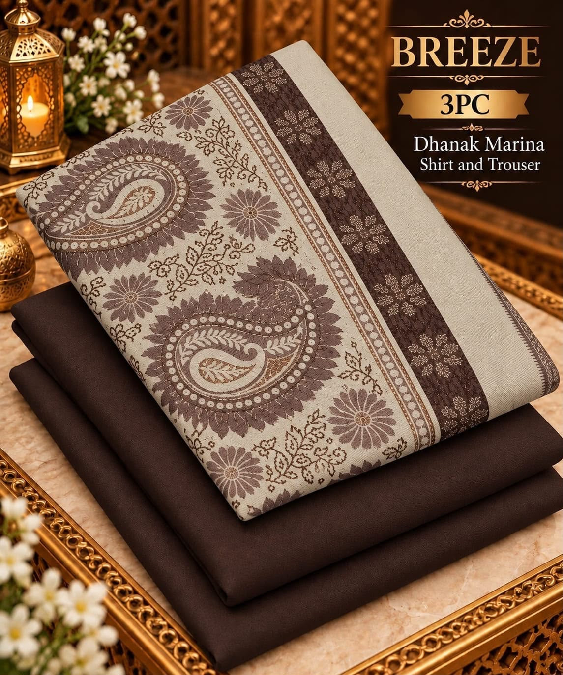 Dhanak Wool 3Pc With Jacquard velvet Patti Shawl-Brown
