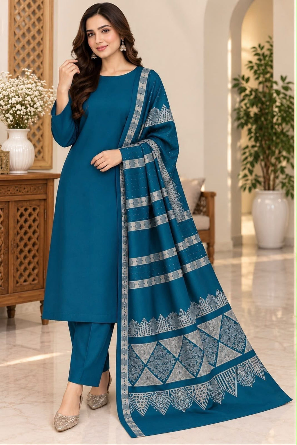 Dhanak Wool 3Pc With Barosha Square Strips Shawl -Znic