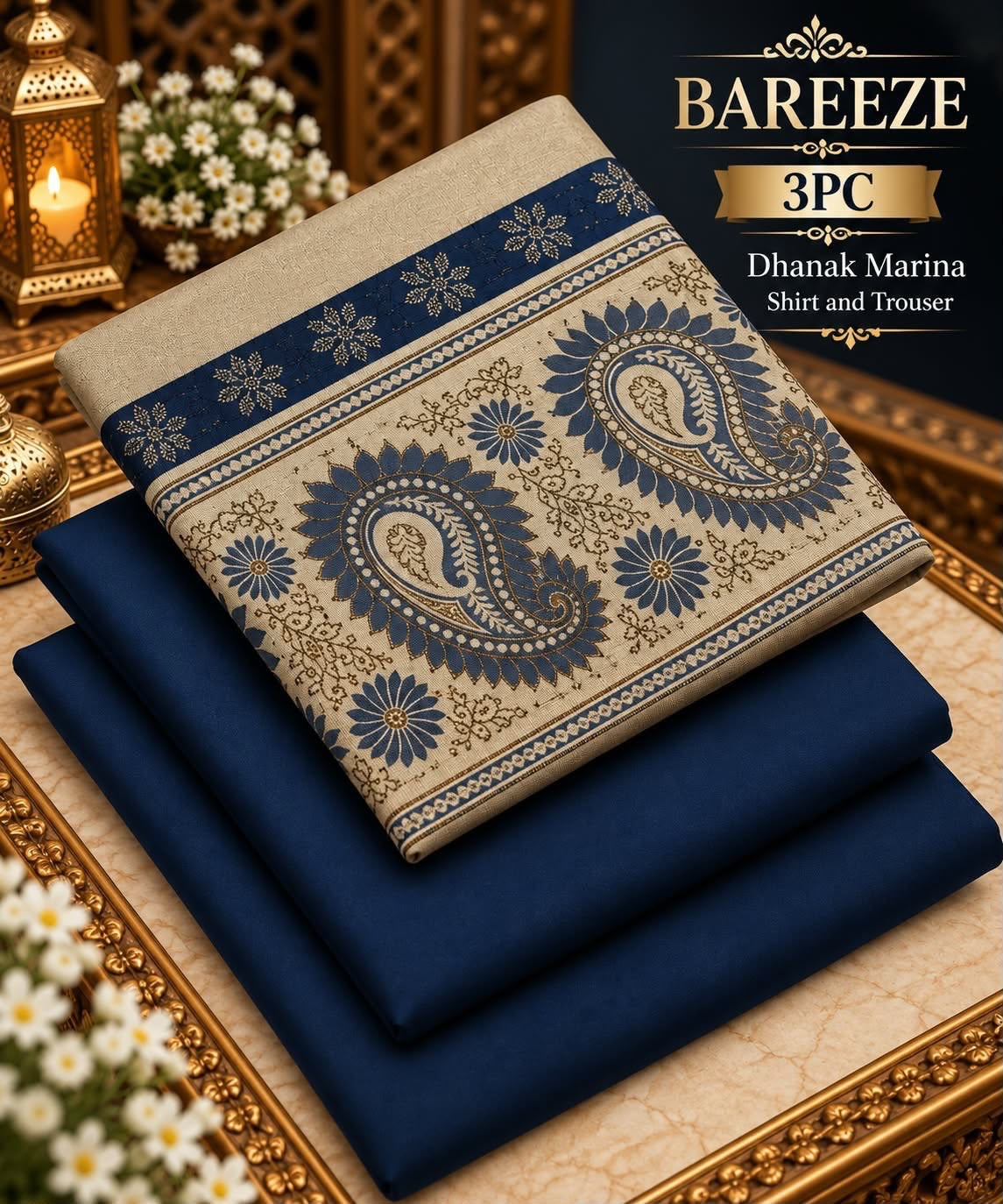 Dhanak Wool 3Pc With Jacquard velvet Patti Shawl- Blue