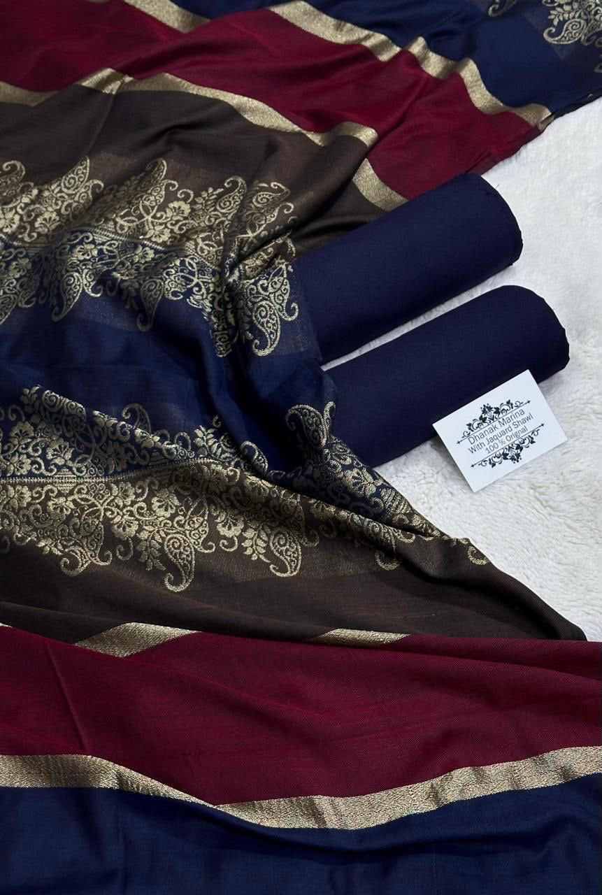 Dhanak Wool 3Pc With Brosha Shawl-Navy