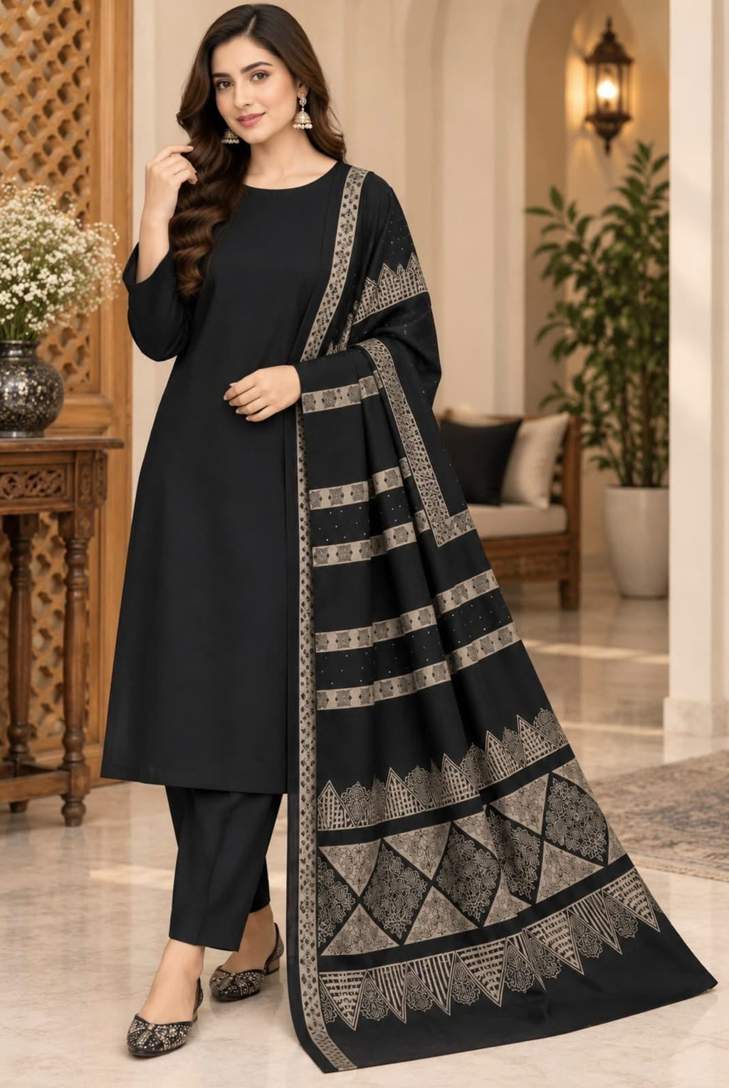Dhanak Wool 3Pc With Barosha Square Strips Shawl -Black