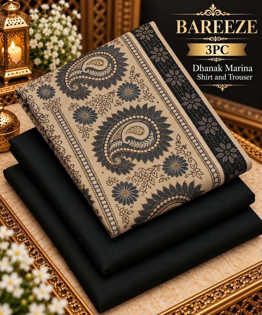 Dhanak Wool 3Pc With Jacquard velvet Patti Shawl- Black