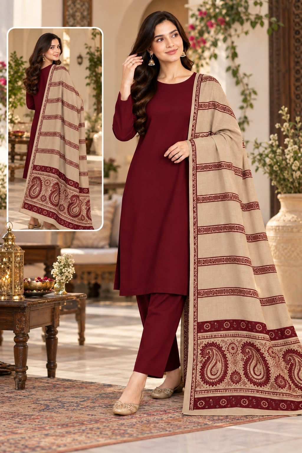 Dhanak Wool 3Pc With Jacquard velvet Patti Shawl- Mehroon