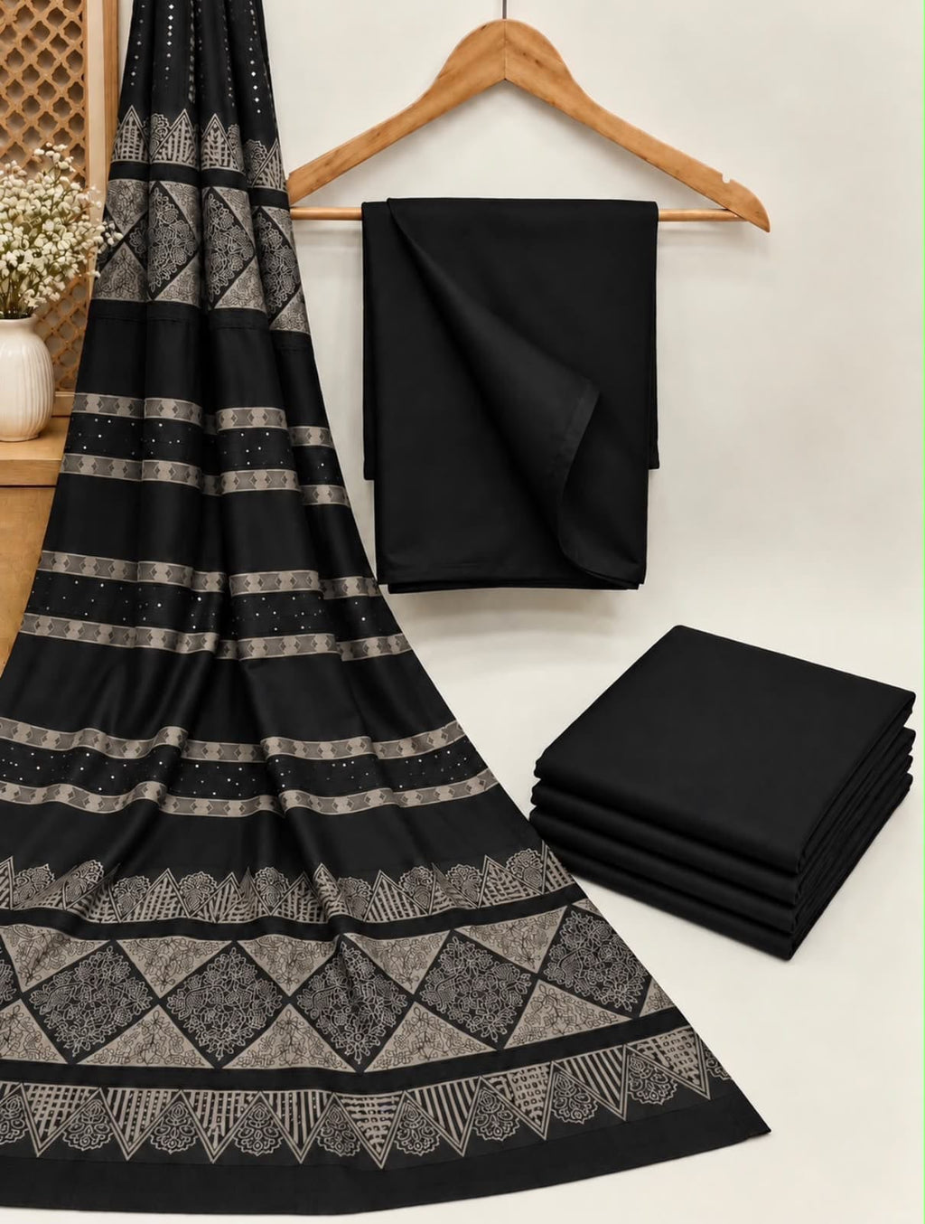 Dhanak Wool 3Pc With Barosha Square Strips Shawl -Black