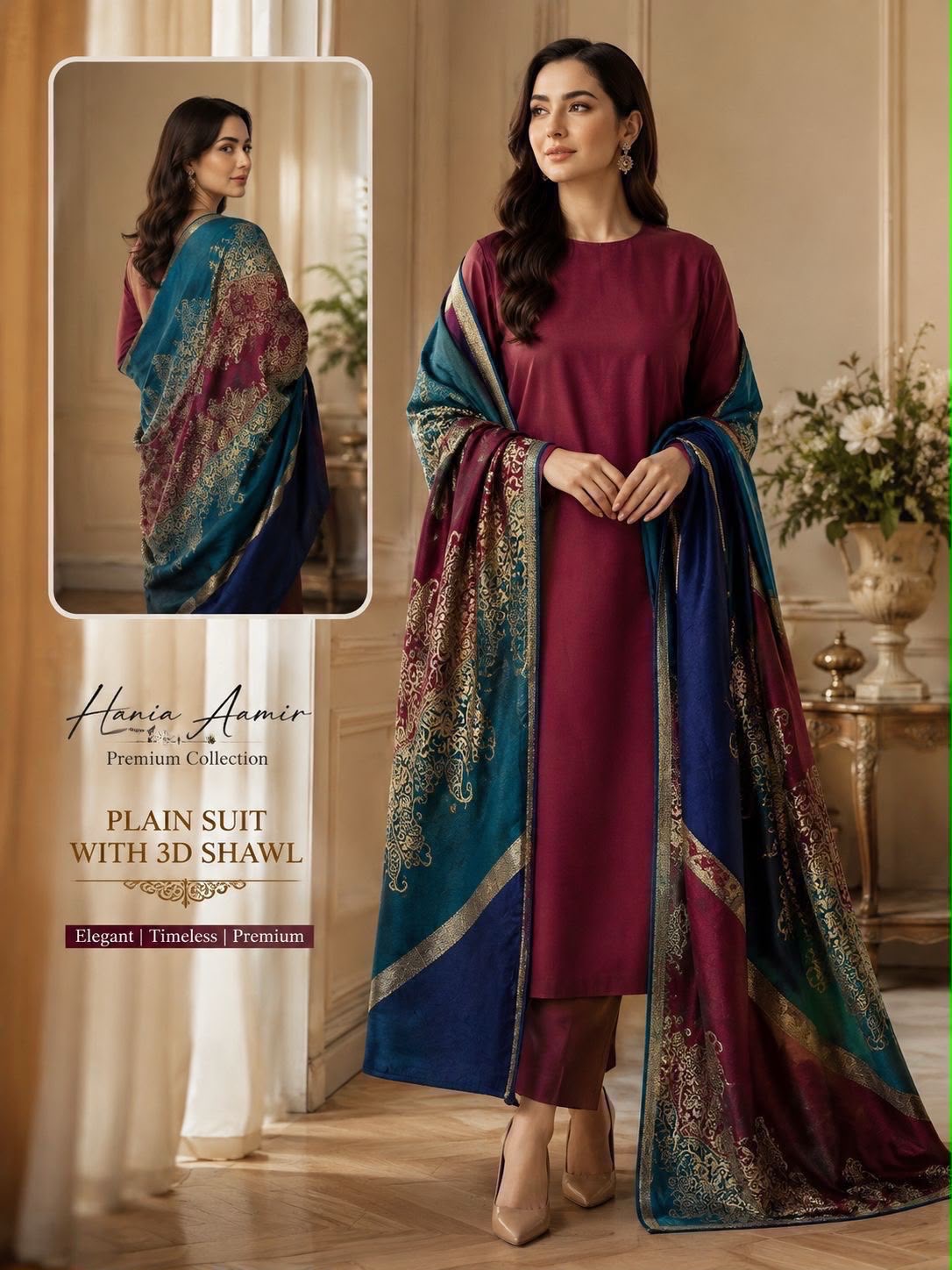 Dhanak Wool 3Pc With Brosha Shawl-Meroon
