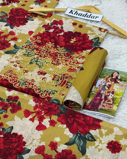 KHADDAR 3pc Full Embroidered Design D004