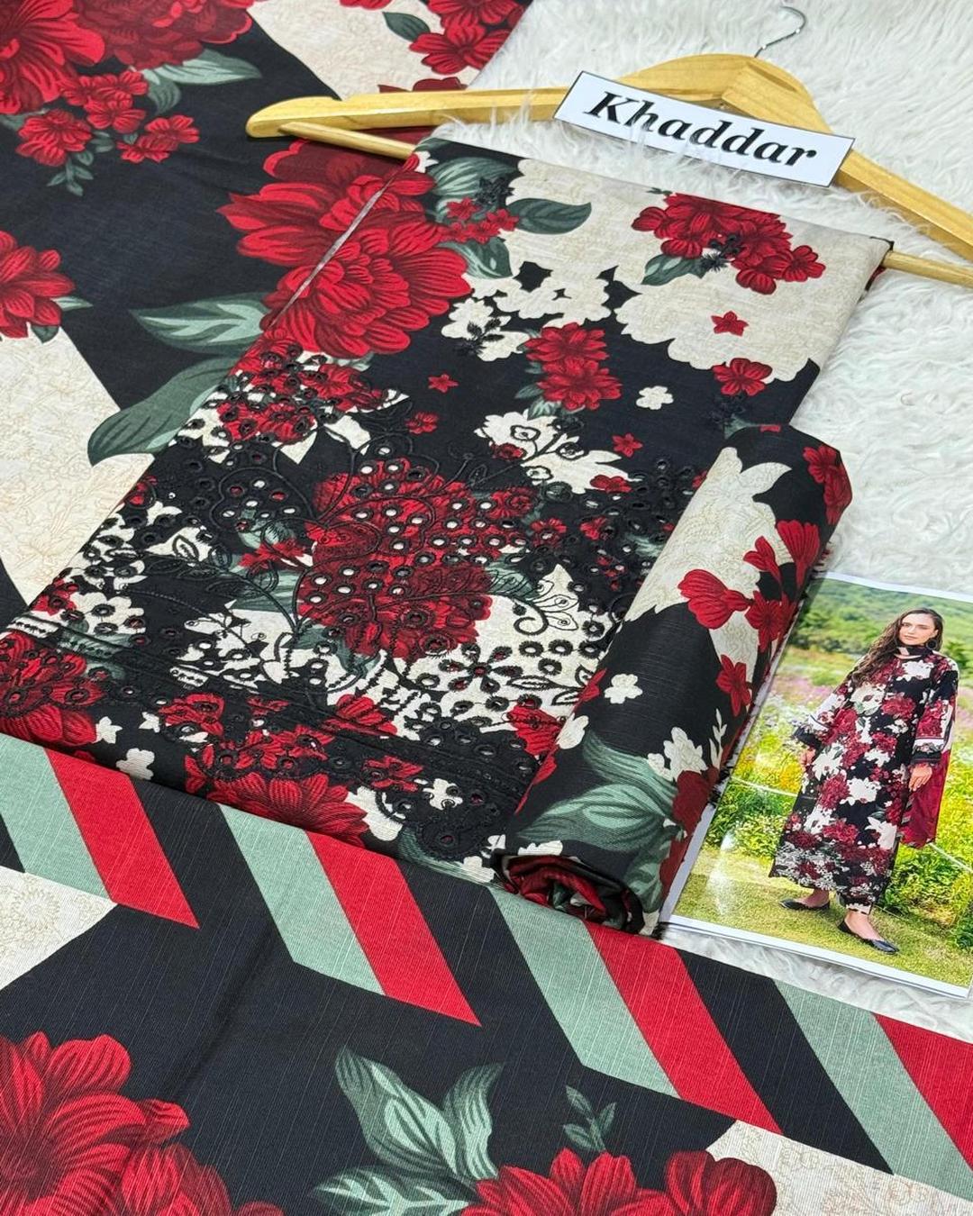 KHADDAR 3pc Full Embroidered Design D006