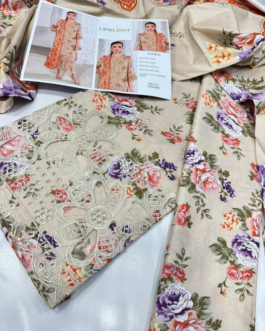 LINEN 3pc Full Embroidered Design D07