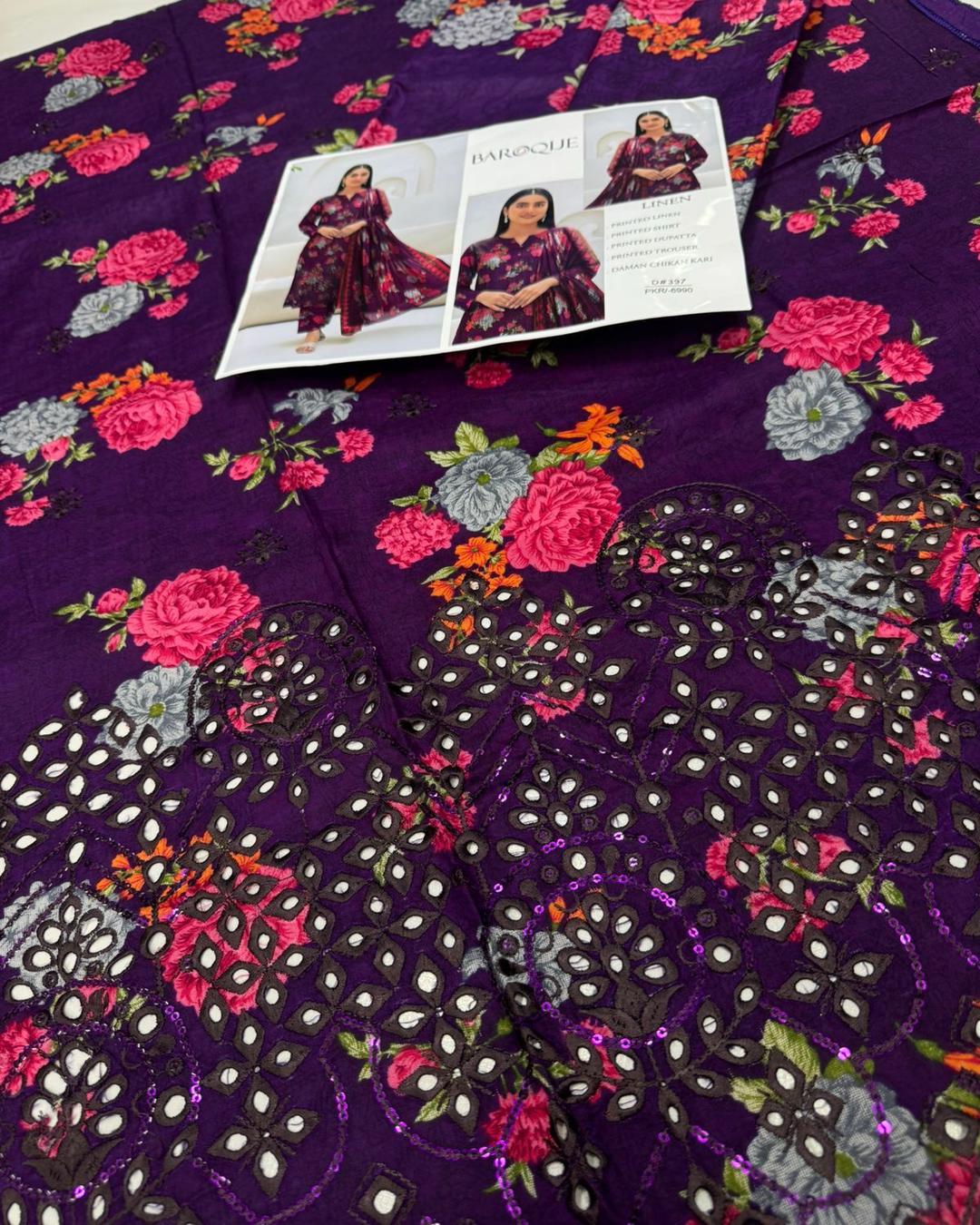 LINEN 3pc Full Embroidered Design D12