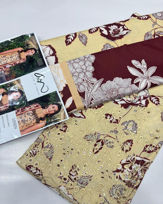 LINEN 3pc Full Embroidered Design D19