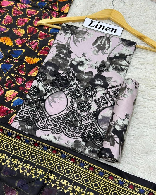 LINEN 3pc Full Embroidered Design D21