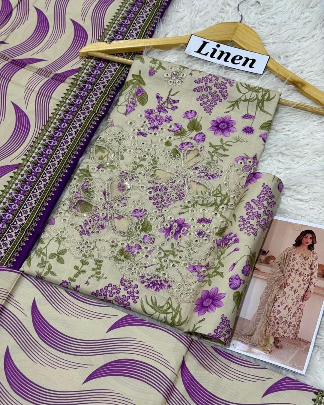 LINEN 3pc Full Embroidered Design D24