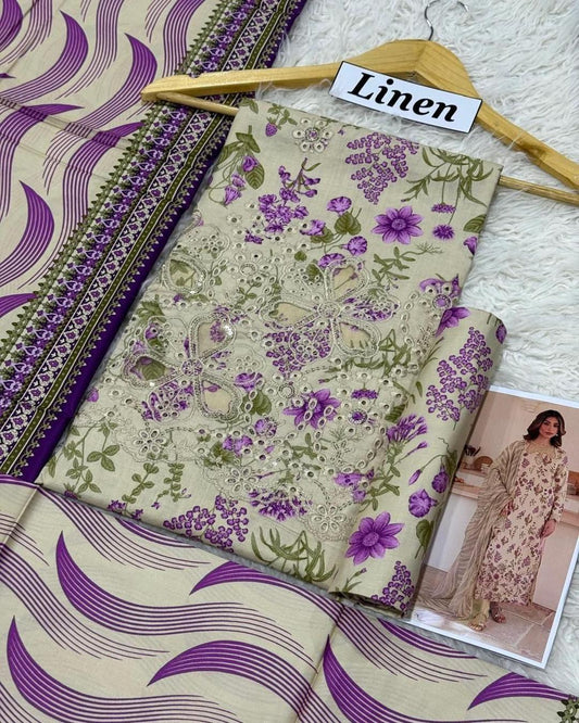 LINEN 3pc Full Embroidered Design D24