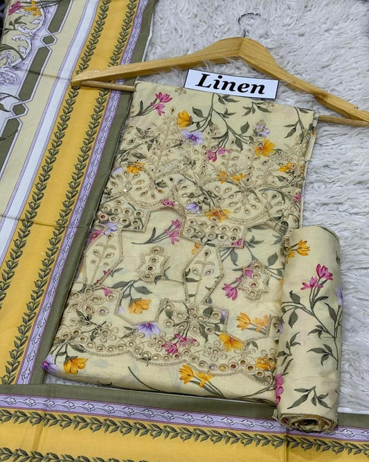 LINEN 3pc Full Embroidered Design D26